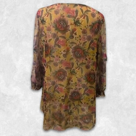 Anthropologie Gretchen Top Semi-Sheer Smocked Tunic 3/4 Sleeve Floral Boho Large - Picture 3 of 14